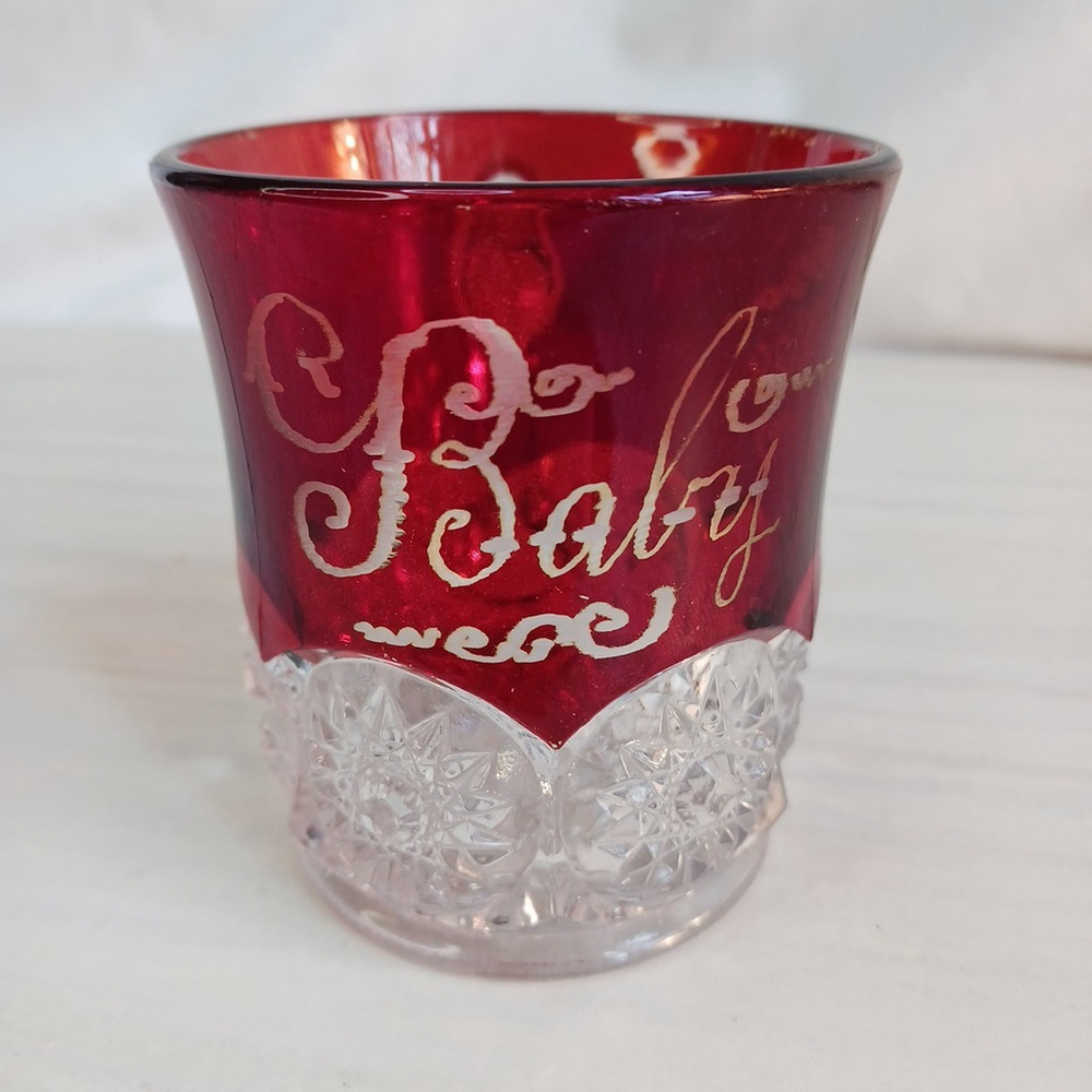 EAPG Ruby Red Flash Glass Baby Mug 3" 1908 Souvenir